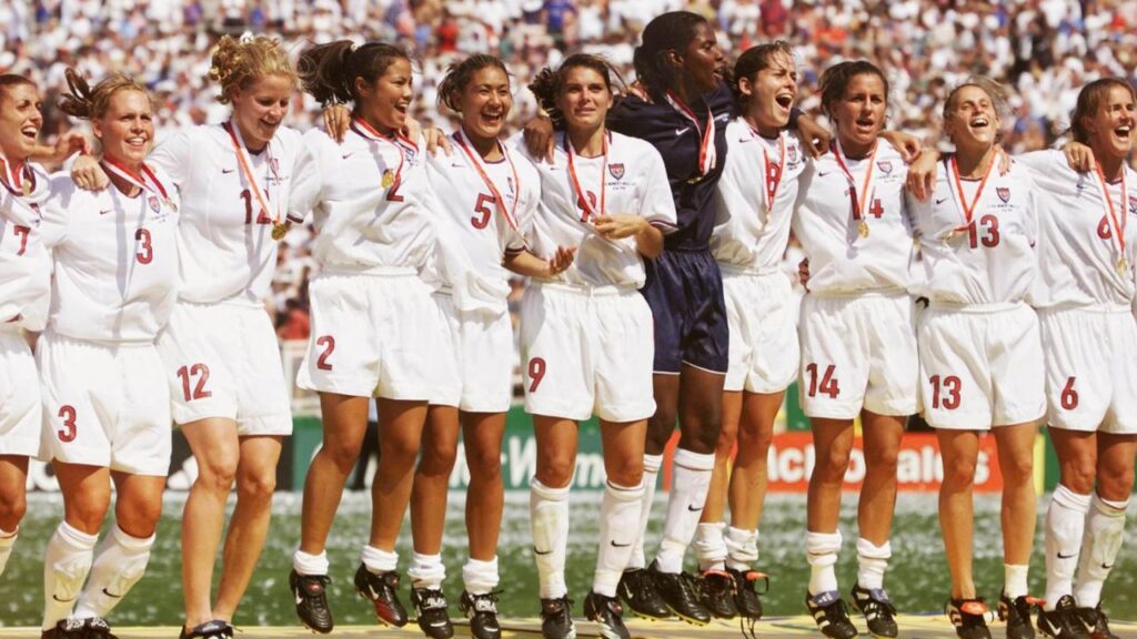 1999 USWNT celebrating World Cup win at Rose Bowl